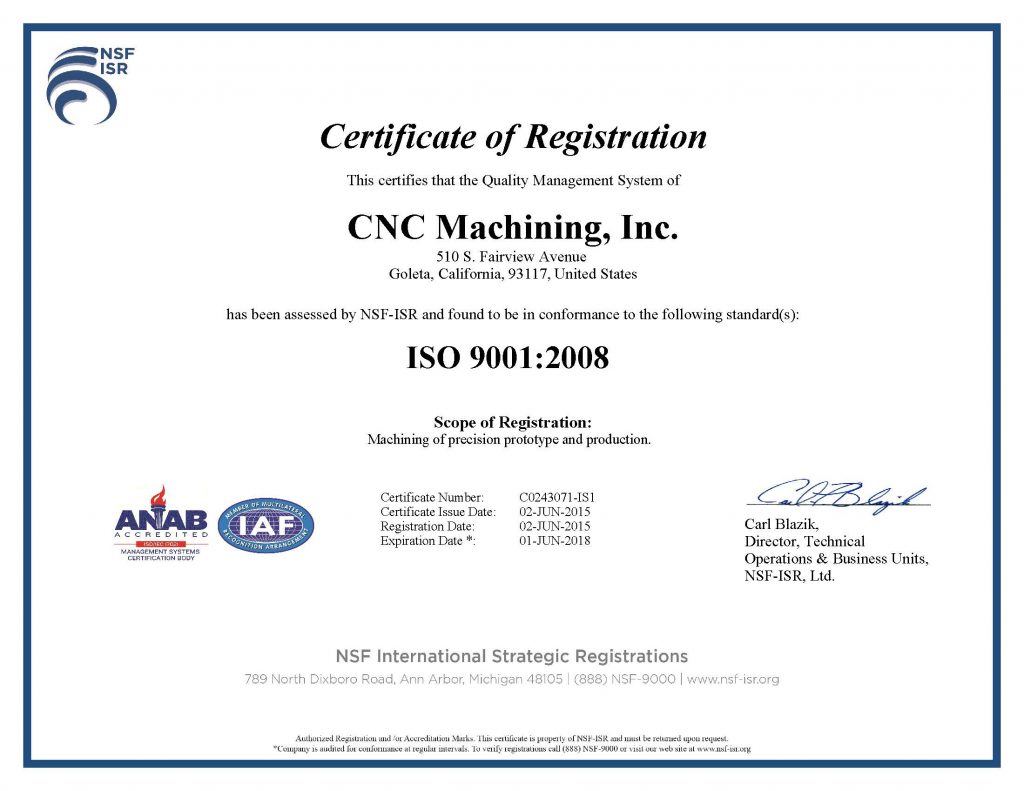 CNC Machining, Inc. ISO 9001-2008 Certificate
